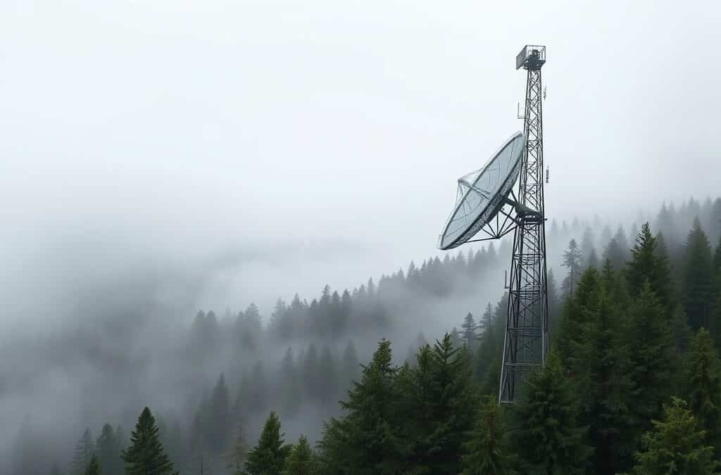A dish antenna surrounded by fog in a forest